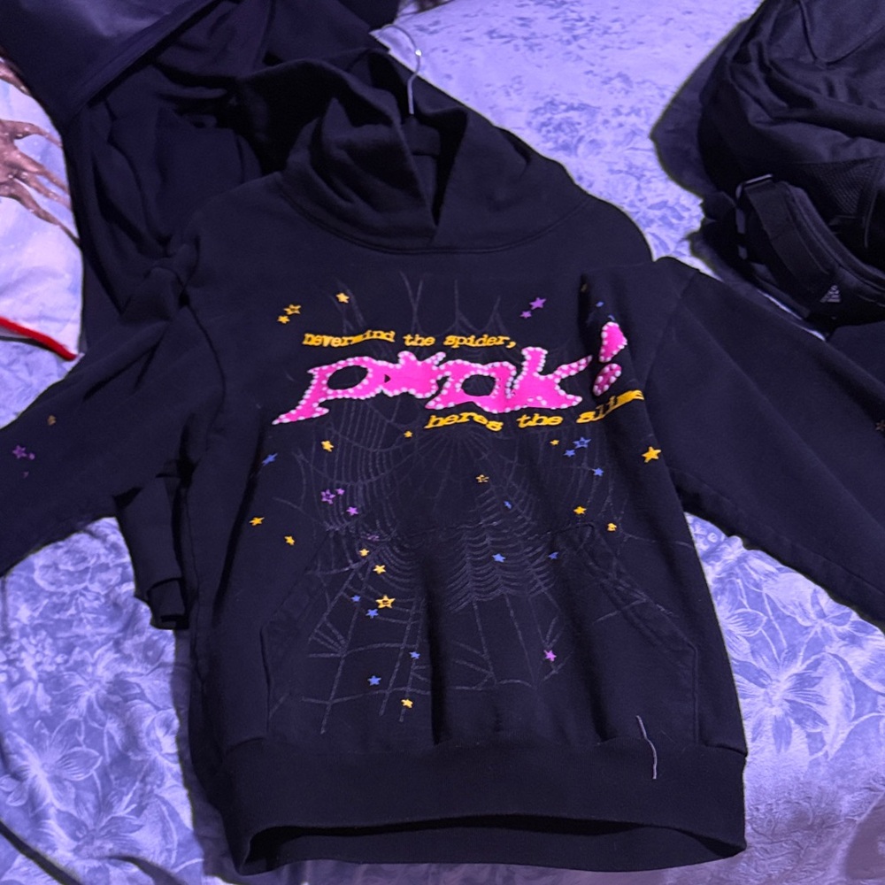 Black Graphic Hoodie with Pink and Yellow Accents
